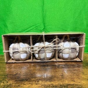 NEW Set of 3 Ceramic Pumpkins 3” x‎ 3” Tan White Brown